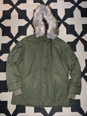 H&M Olive Green Fur Trim Parka Jacket